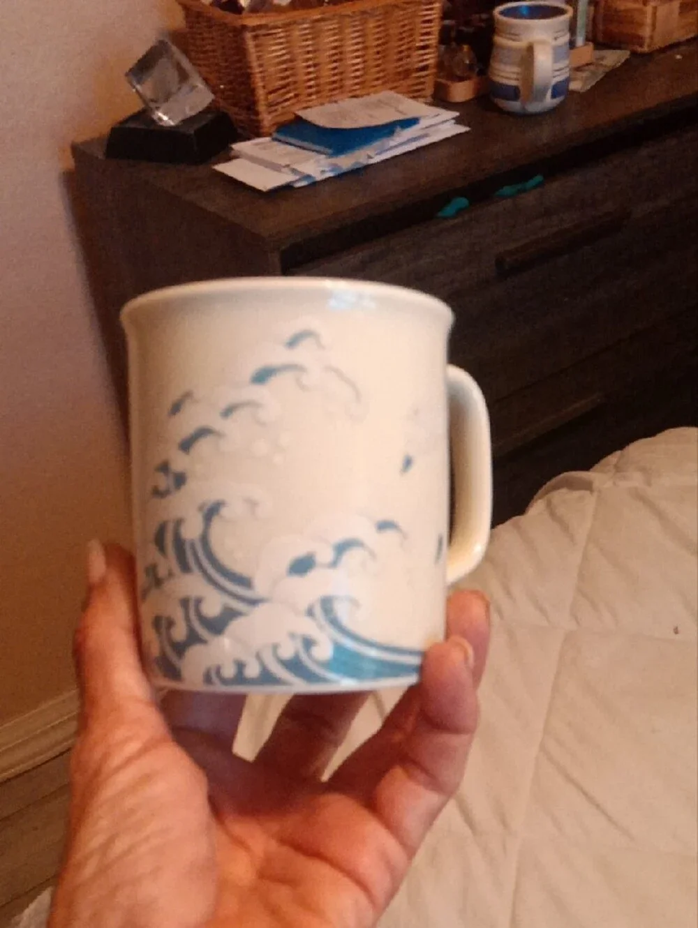 White Ceramic Mug with Blue Wave Design